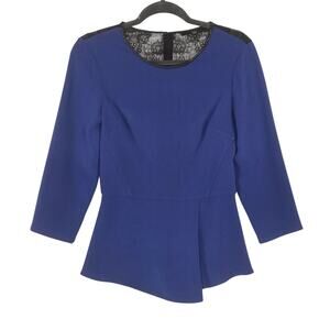 Tibi Royal Blue Peplum Top Black Lace Sz 4 Asymmetric Hem Zip Back Chic Career